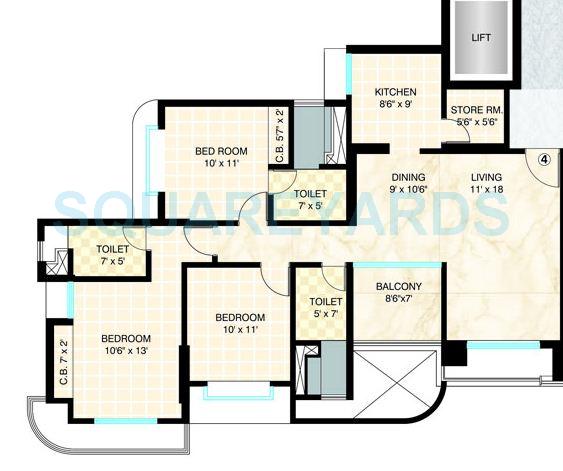 Floor plan of 3 BHK 1103 Sq. Ft. Apartment in Dosti Group Imperia, Thane