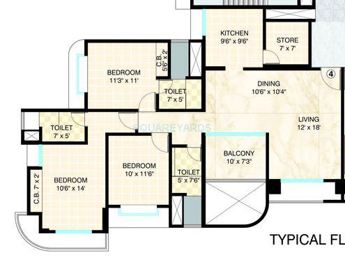 Floor plan of 3 BHK 1205 Sq. Ft. Apartment in Dosti Group Imperia, Thane