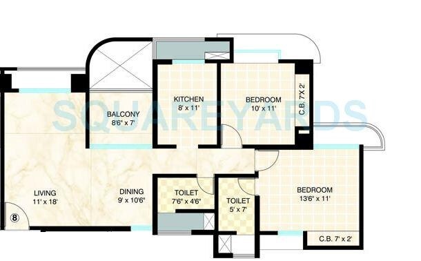 Floor plan of 2 BHK 835 Sq. Ft. Apartment in Dosti Group Maitri Gardens, Thane