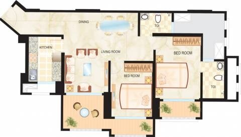 Floor plan of 2 BHK 872 Sq. Ft. Apartment in Dosti Group Maitri Vatika, Thane
