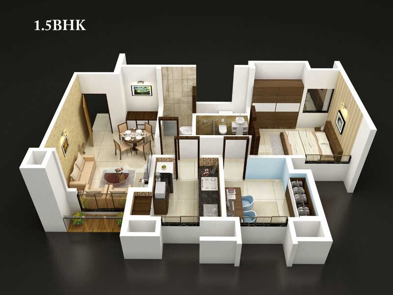 Floor plan of 1 BHK Apartment - 814 sq. ft. in Dosti Group Vihar, Thane
