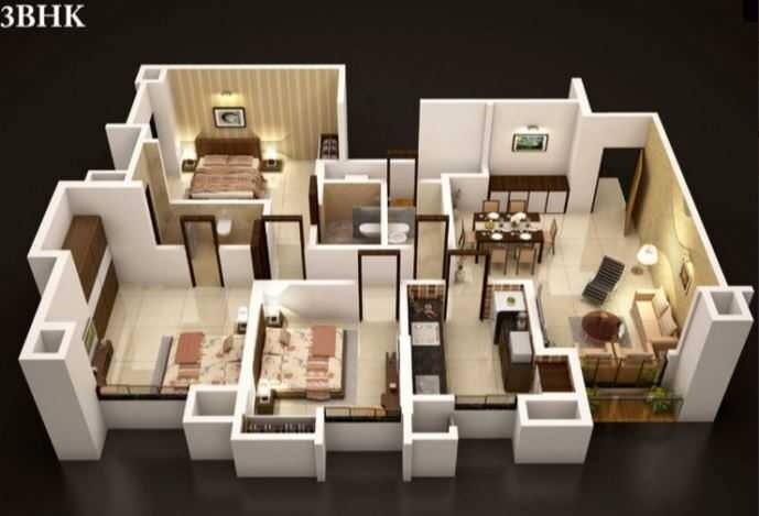 Floor plan of 3 BHK Apartment - 1484 sq. ft. in Dosti Group Vihar, Thane