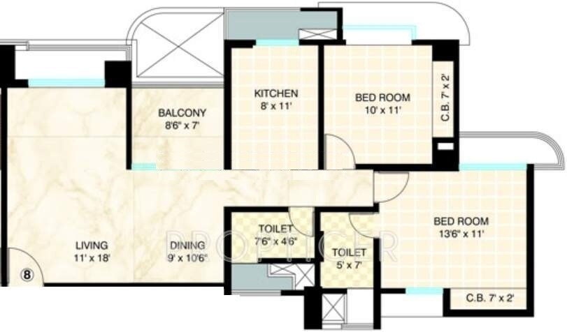 Floor plan of 2 BHK 1195 Sq. Ft. Apartment in Dosti Imperia Phase I, Thane