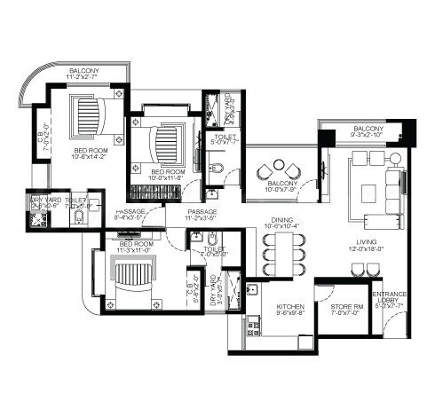 Floor plan of 3 BHK 1036 Sq. Ft. Apartment in Dosti Imperia Phase II, Thane