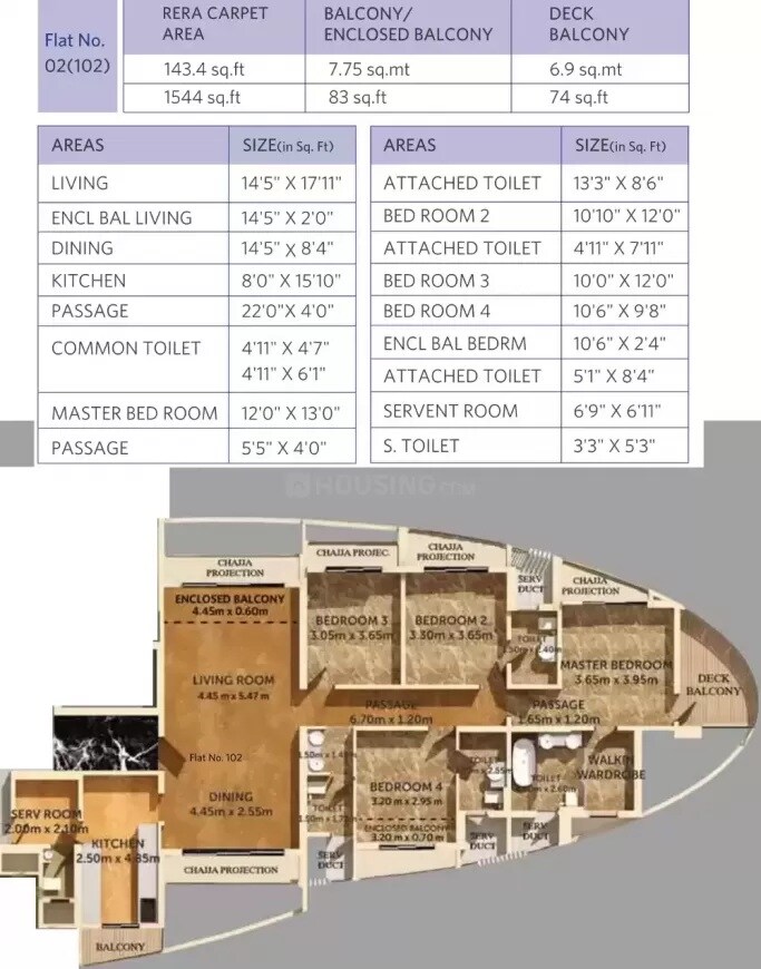 Floor plan of 4 BHK 1544 Sq. Ft. Apartment in Dosti Majesta, Thane