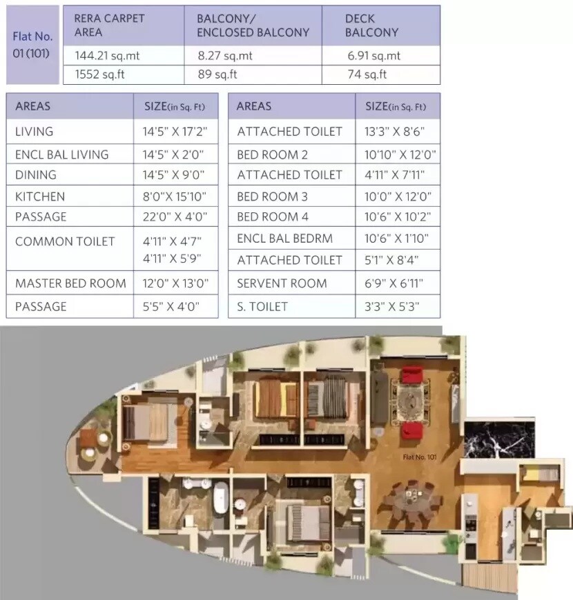 Floor plan of 4 BHK 1552 Sq. Ft. Apartment in Dosti Majesta, Thane