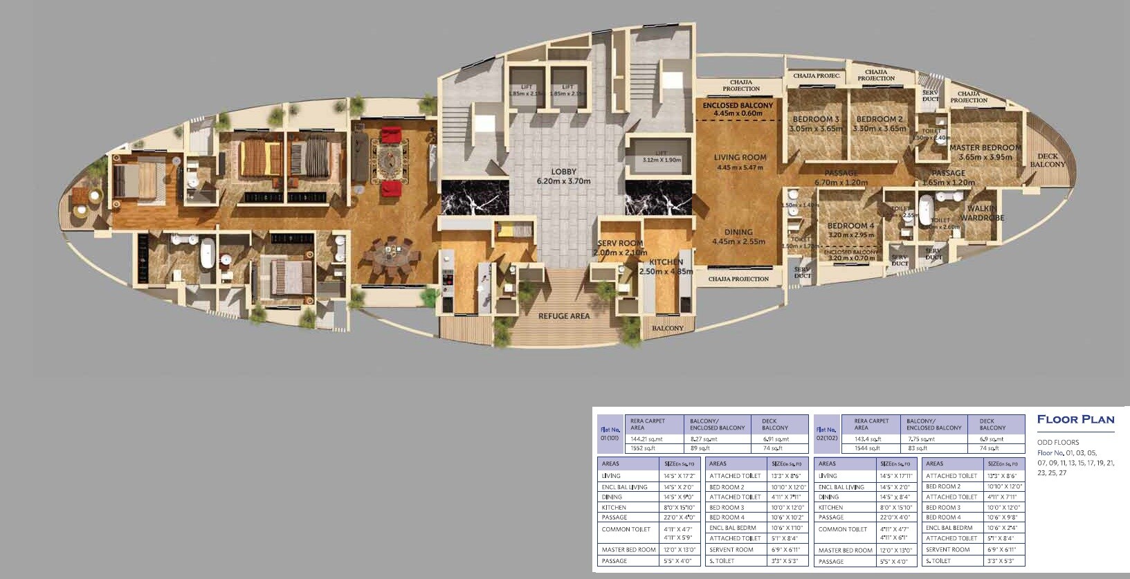 Floor plan of 4 BHK 1552 Sq. Ft. Apartment in Dosti Majestica, Thane