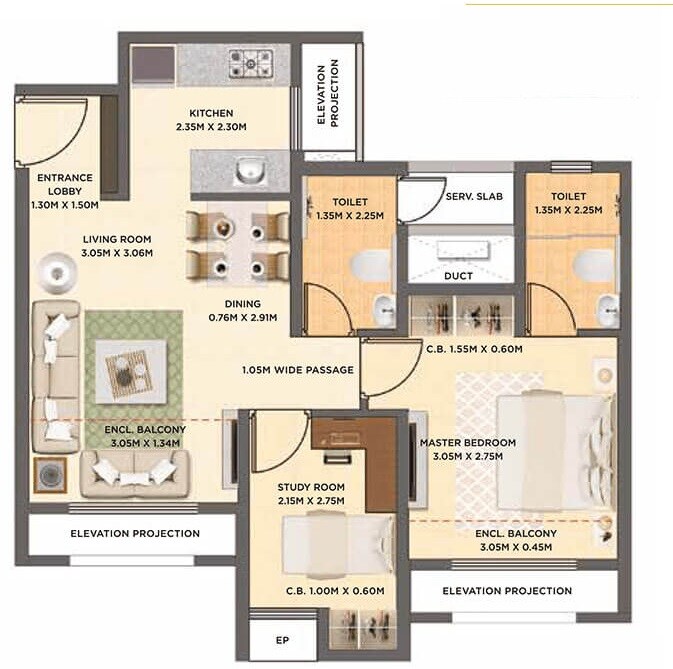Floor plan of 2 BHK 486 Sq. Ft. Apartment in Dosti Oak, Thane