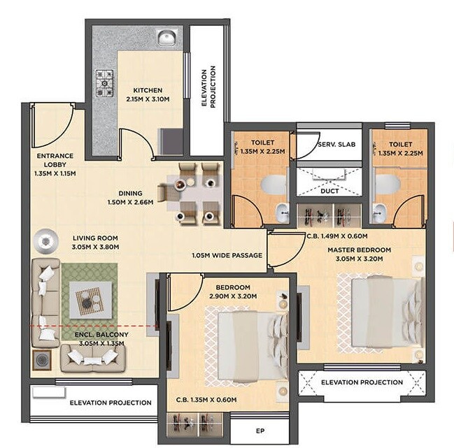 Floor plan of 2 BHK 501 Sq. Ft. Apartment in Dosti Oak, Thane