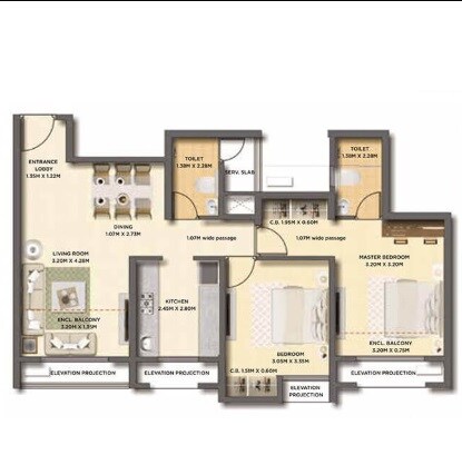 Floor plan of 2 BHK 575 Sq. Ft. Apartment in Dosti Oak, Thane