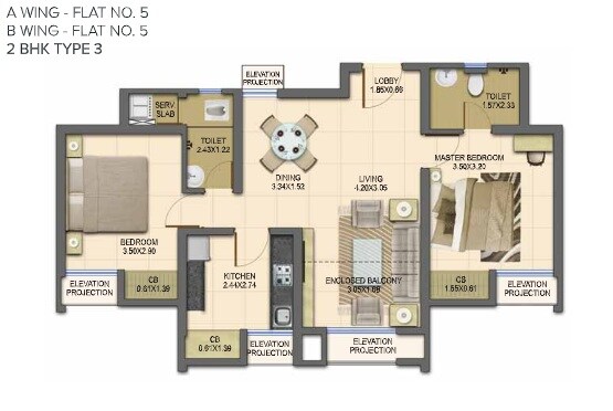 Floor plan of 2 BHK 929 Sq. Ft. Apartment in Dosti Planet North Emerald, Thane