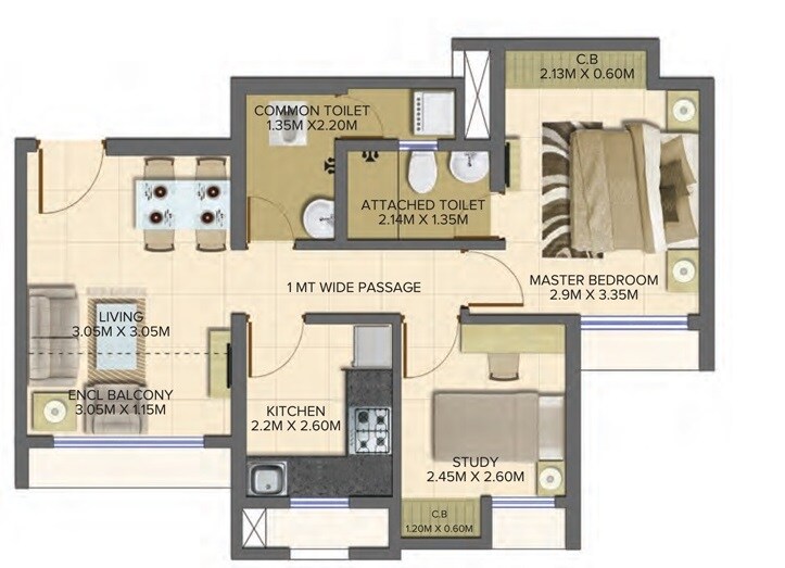 Floor plan of 2 BHK 634 Sq. Ft. Apartment in Dosti Planet North Phase 2 Dosti Jade, Thane