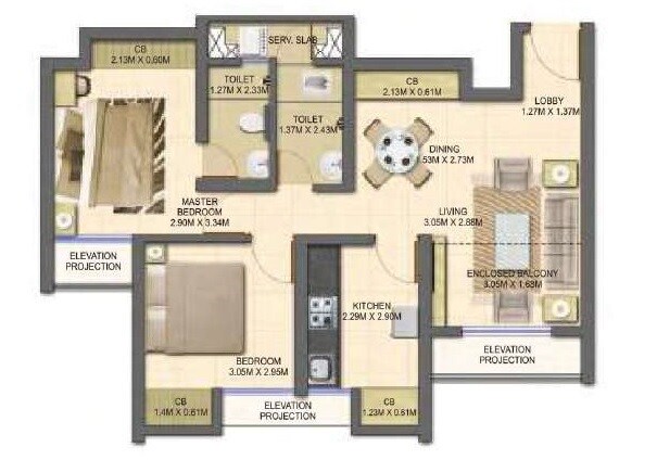 Floor plan of 2 BHK 730 Sq. Ft. Apartment in Dosti Planet North Phase 2 Dosti Jade, Thane