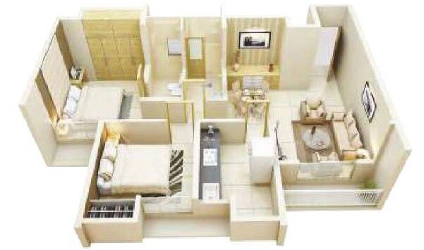 Floor plan of 2 BHK 614 Sq. Ft. Apartment in Dosti Planet North Phase 2 Dosti Jade, Thane