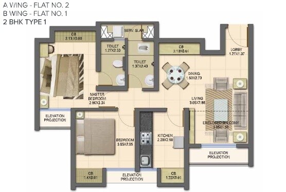 Floor plan of 2 BHK 799 Sq. Ft. Apartment in Dosti Planet North Ruby, Thane