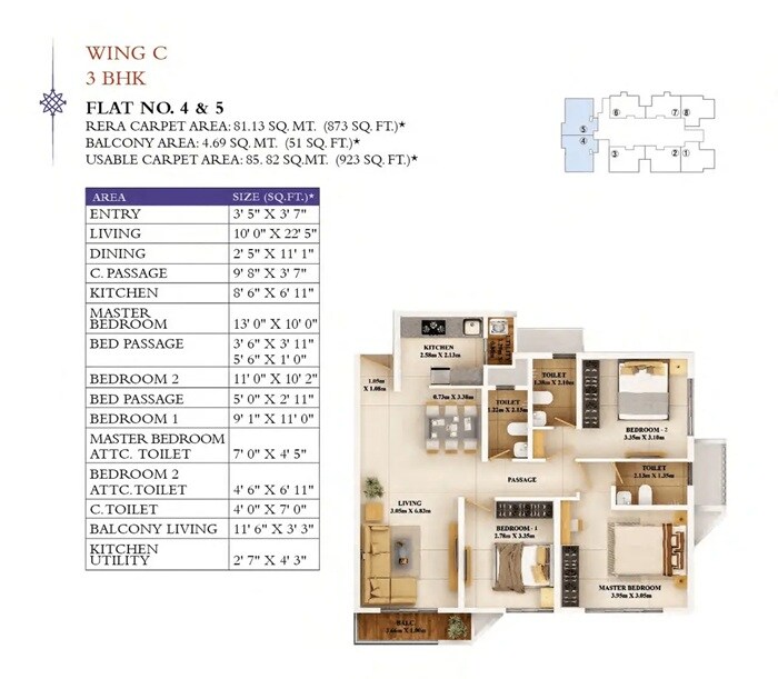 Floor plan of 3 BHK 923 Sq. Ft. Apartment in Dosti Tulip, Thane