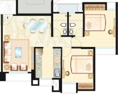 Floor plan of 2 BHK 1308 Sq. Ft. Apartment in Dosti Vasudha, Thane