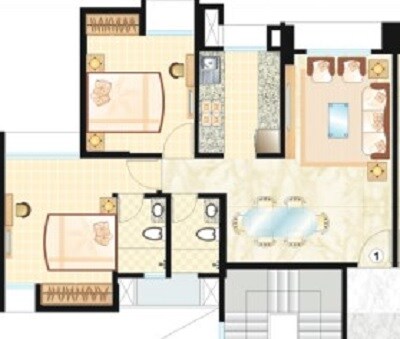 Floor plan of 2 BHK 1408 Sq. Ft. Apartment in Dosti Vasudha, Thane