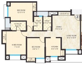 Floor plan of 3 BHK 1508 Sq. Ft. Apartment in Dosti Vihar, Thane
