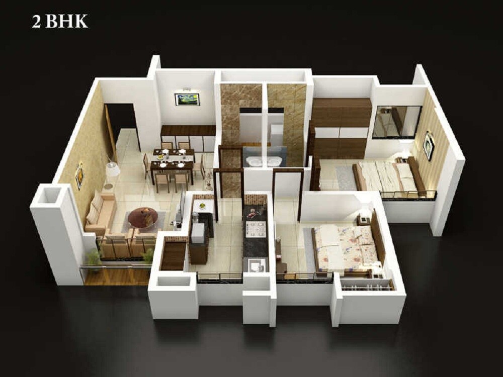 Floor plan of 2 BHK 1048 Sq. Ft. Apartment in Dosti Vihar Phase III, Thane