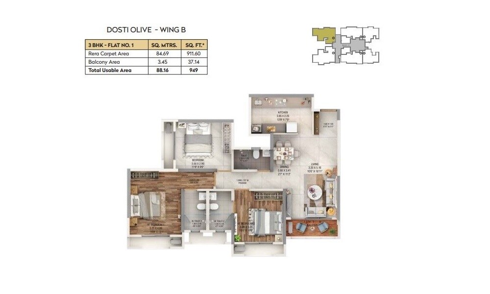  3 BHK Apartment at Dosti West County, Balkum Pada – for Sale