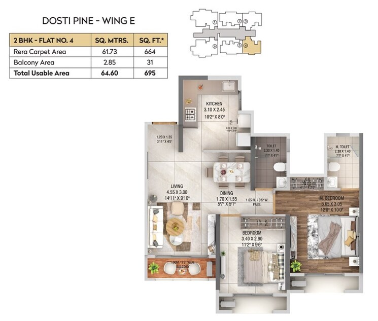 Other, dosti-west-county-phase-4-dosti-pine 2 Bedroom 695 Sq.Ft. Apartment In Balkum Pada Thane 8822659
