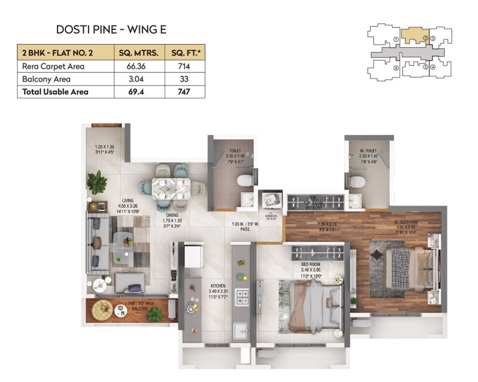  2 BHK Apartment at Dosti West County Phase 4 Dosti Pine, Balkum Pada – for Rent