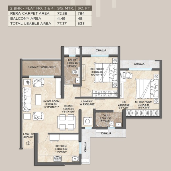 2 BHK 833 Sq. Ft. Apartment in Dosti Willow