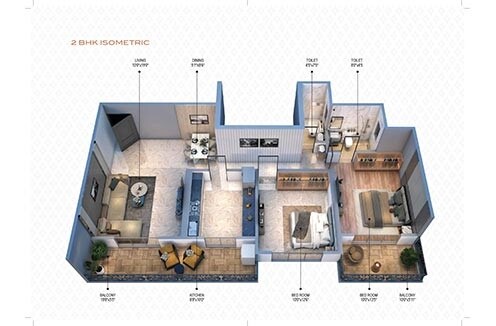 Floor plan of 2 BHK 880 Sq. Ft. Apartment in Dream Atlantis, Thane