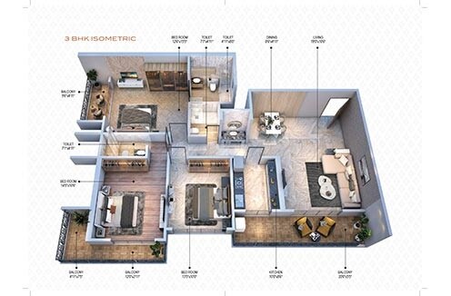 Floor plan of 3 BHK 1097 Sq. Ft. Apartment in Dream Atlantis, Thane