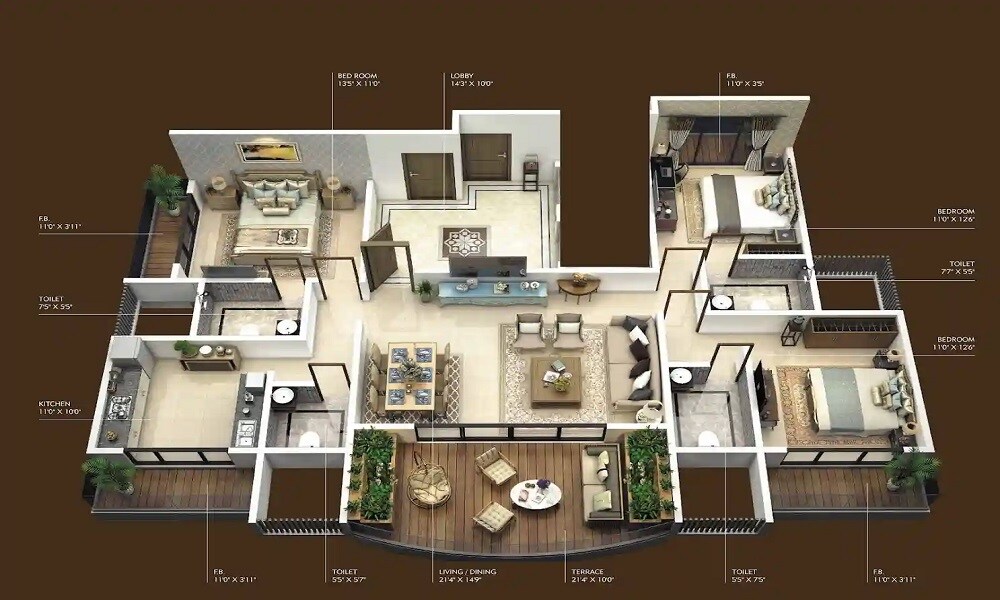 Floor plan of 3 BHK 1176 Sq. Ft. Apartment in Dream Avenue Kalyan West, Thane