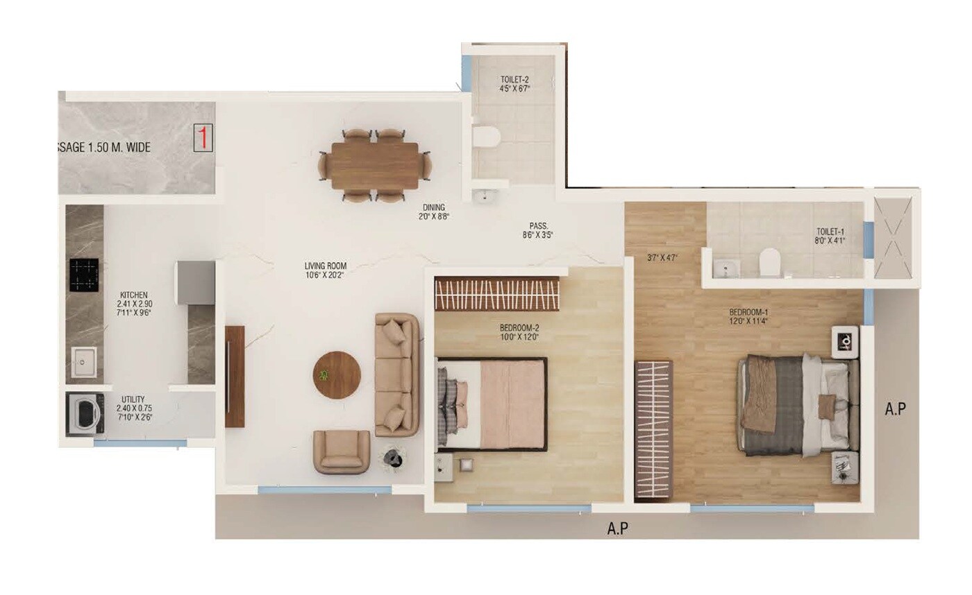 Floor plan of 2 BHK 729 Sq. Ft. Apartment in Dream Nityanand Cosmopolitan CHS, Thane