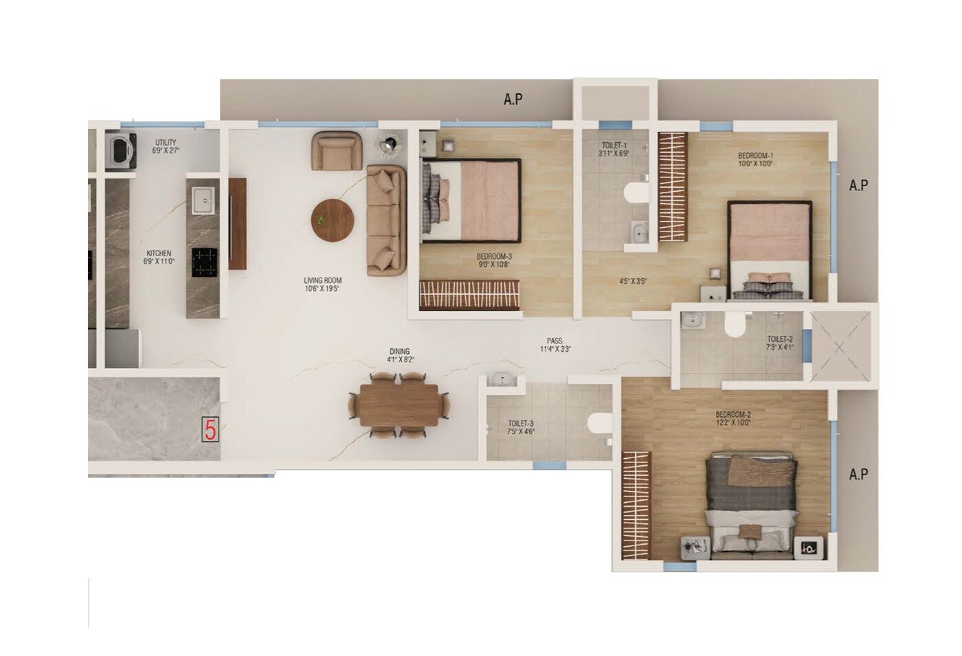 Floor plan of 3 BHK 847 Sq. Ft. Apartment in Dream Nityanand Cosmopolitan CHS, Thane