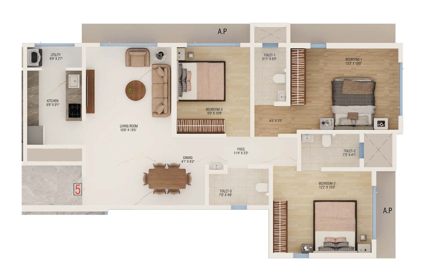 Floor plan of 3 BHK 865 Sq. Ft. Apartment in Dream Nityanand Cosmopolitan CHS, Thane