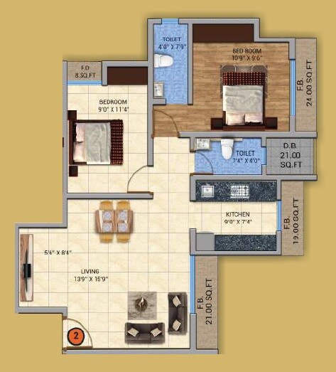 2 BHK 818 Sq. Ft. Apartment