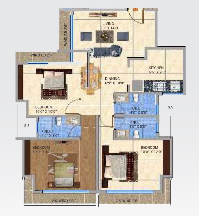 Floor plan of 3 BHK 810 Sq. Ft. Apartment in Dream Shubhamkaroti CHS, Thane