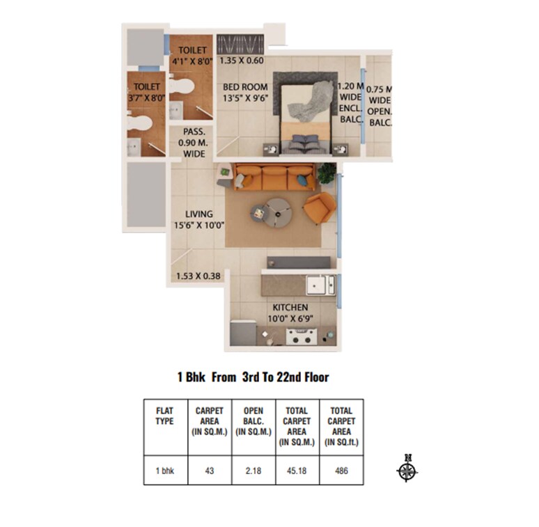 Floor plan of 1 BHK 347 Sq. Ft. Apartment in Dreams Empire, Thane