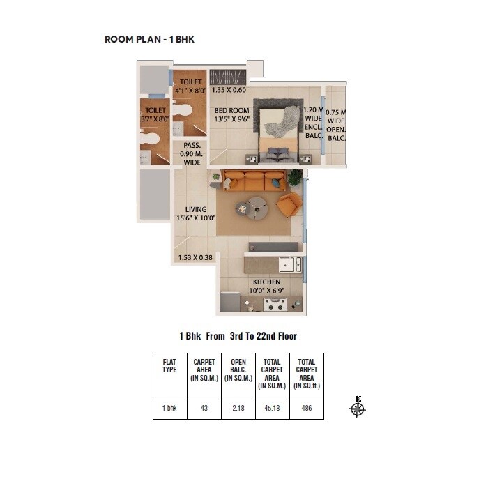 Floor plan of 1 BHK 486 Sq. Ft. Apartment in Dreams Empire, Thane