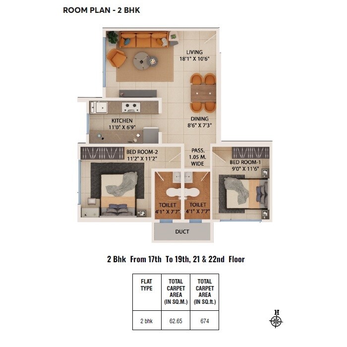Floor plan of 2 BHK 674 Sq. Ft. Apartment in Dreams Empire, Thane