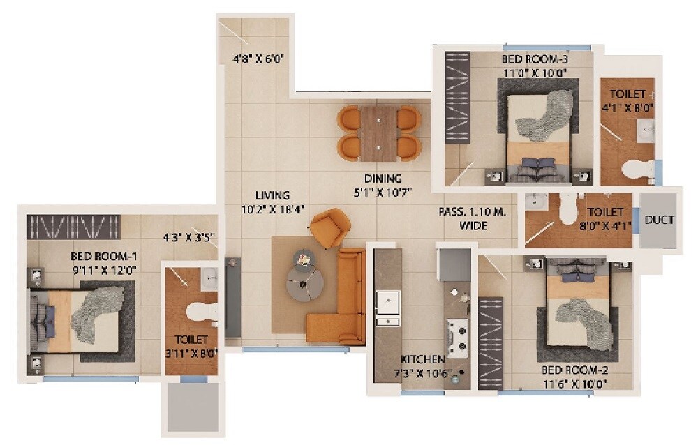 Floor plan of 3 BHK 819 Sq. Ft. Apartment in Dreams Empire, Thane