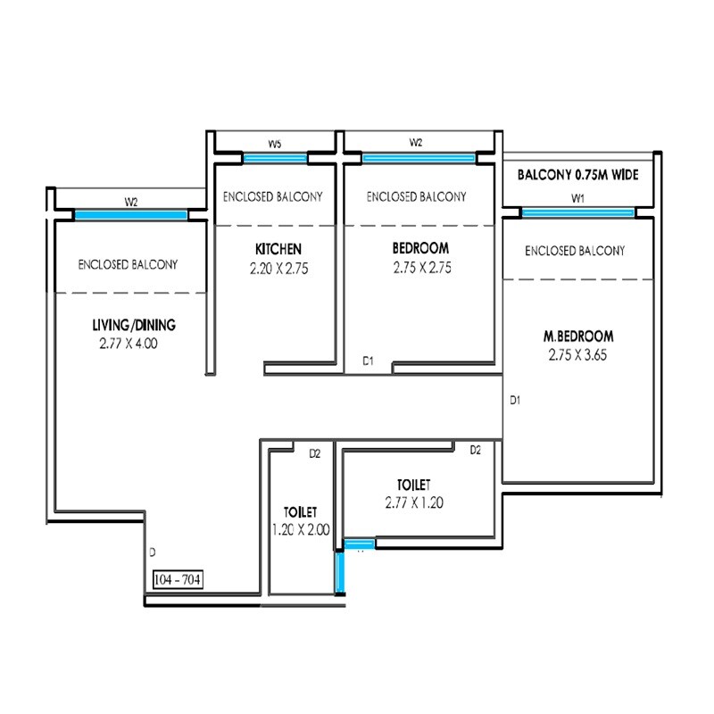 Floor plan of 2 BHK Apartment - 596 sq. ft. in Dreams Vighnaharta Apartment, Thane
