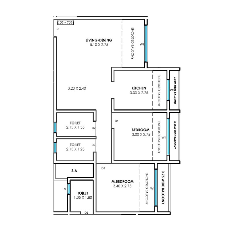 Floor plan of 2 BHK Apartment - 713 sq. ft. in Dreams Vighnaharta Apartment, Thane