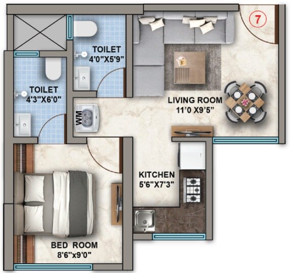 Floor plan of 1 BHK 299 Sq. Ft. Apartment in DSS Mahavir Bliss, Thane