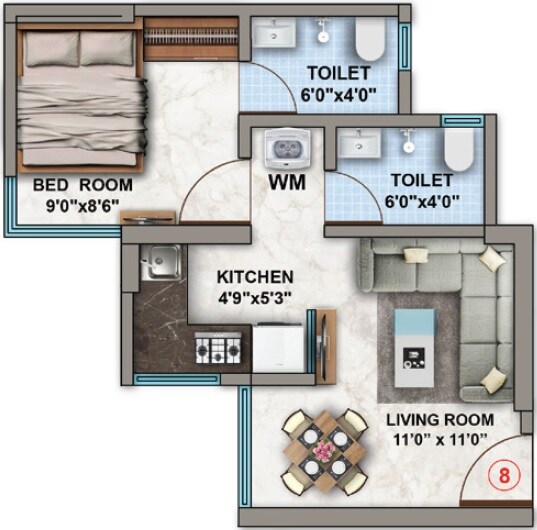Floor plan of 1 BHK 302 Sq. Ft. Apartment in DSS Mahavir Bliss, Thane