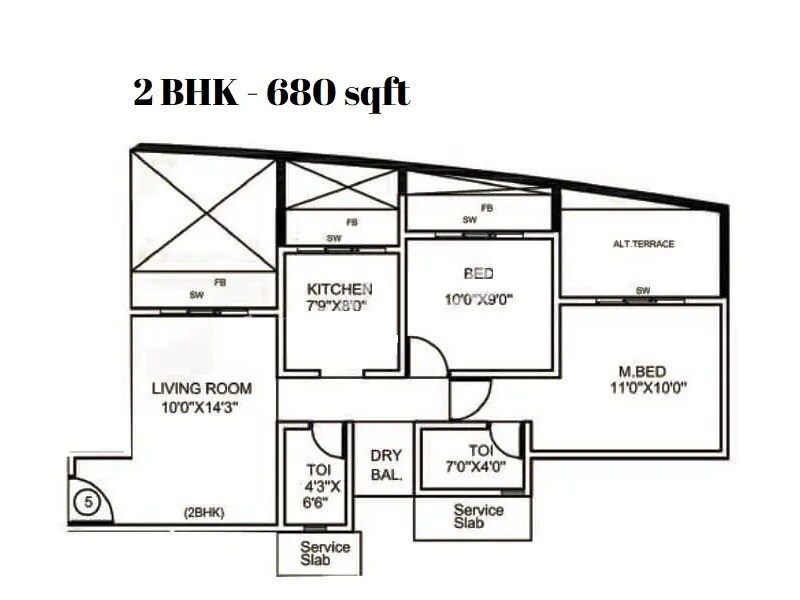 Floor plan of 2 BHK 680 Sq. Ft. Apartment in Durga Imperial, Thane