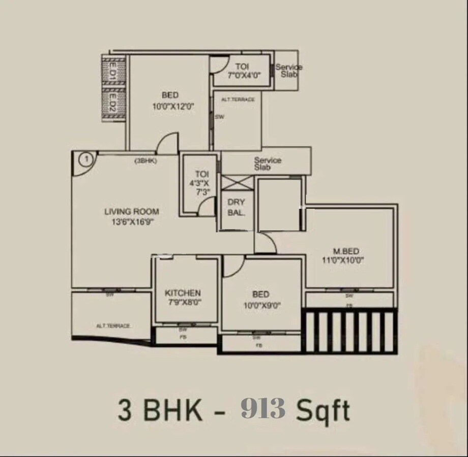 Floor plan of 3 BHK 913 Sq. Ft. Apartment in Durga Imperial, Thane