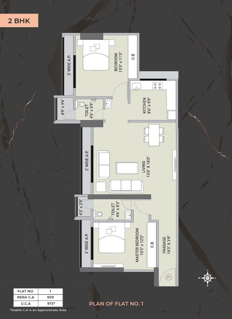 Floor plan of 2 BHK 909 Sq. Ft. Apartment in Ekatva Olivia Prime, Thane