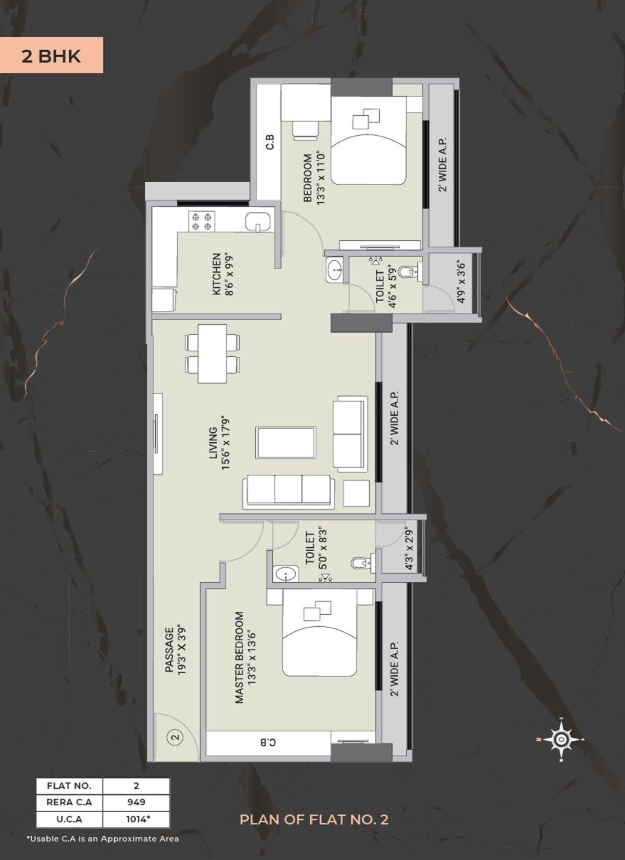 Floor plan of 2 BHK 949 Sq. Ft. Apartment in Ekatva Olivia Prime, Thane