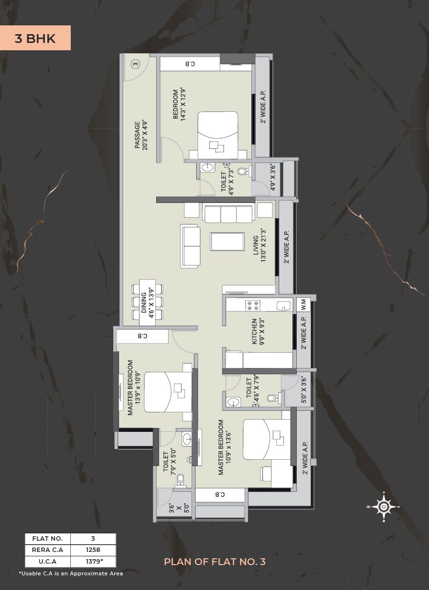 Floor plan of 3 BHK 1258 Sq. Ft. Apartment in Ekatva Olivia Prime, Thane