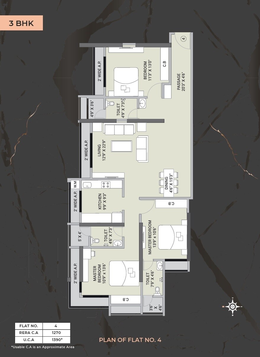 Floor plan of 3 BHK 1270 Sq. Ft. Apartment in Ekatva Olivia Prime, Thane